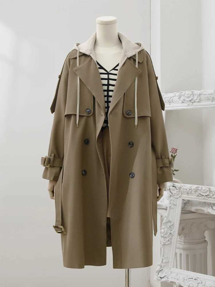 PlusizeShe Spring Autumn Long Loose Casual Khaki Trench Coat for Women with Detachable Hood Double Breasted Korean Fashion 2024X240921