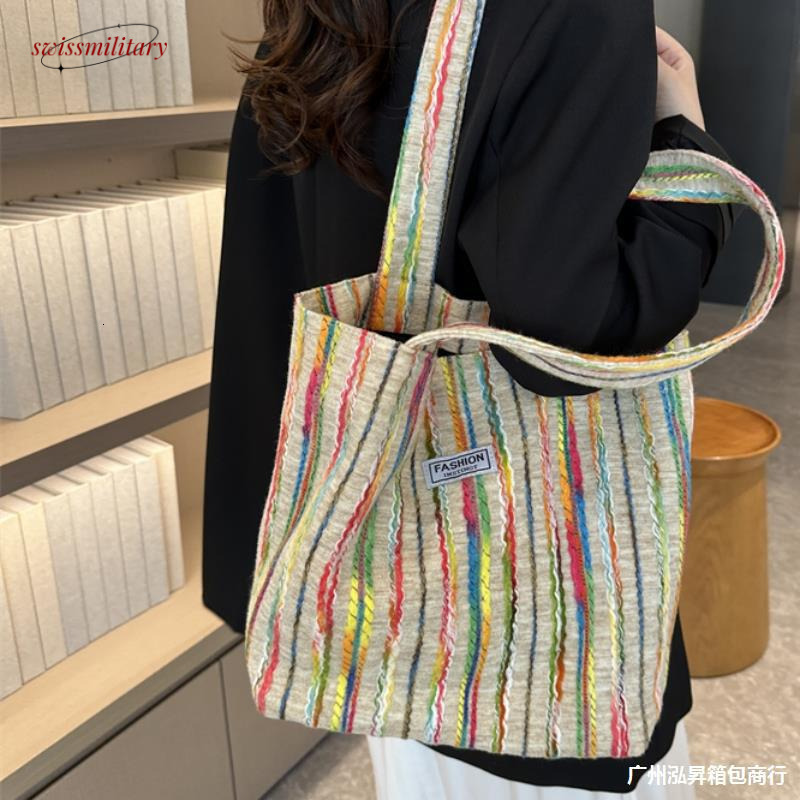 Single shoulder for women, large capacity Korean version ins embroidery rainbow stripe commuting canvas bag, summer tote bag #26 Swissmilitary