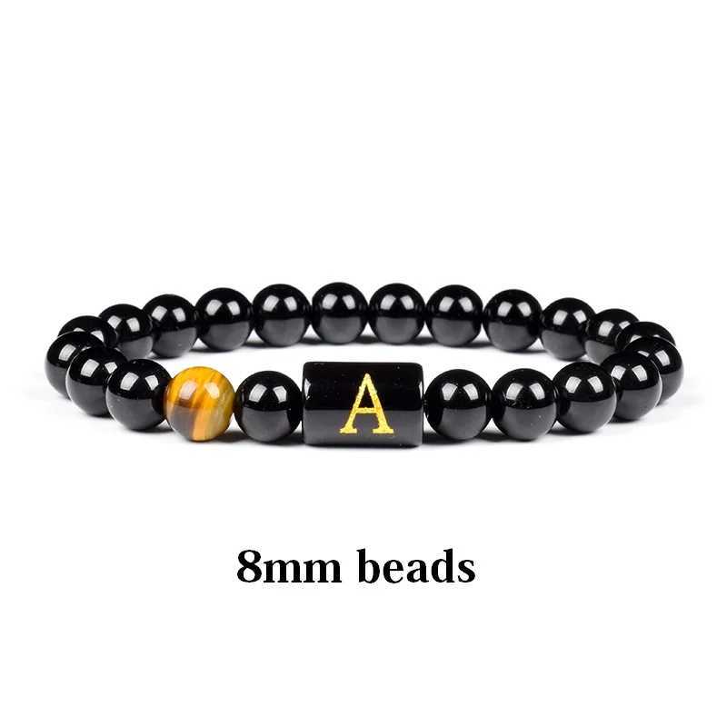Initials Bracelets for Men Letter Link Handmade Natural Black Onyx Tiger Eye Stone Beads Bracelet Polished Black Agate BanglesX240921