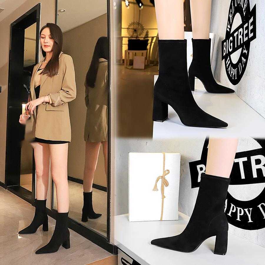 CMM Fashion Simple Versatile Thick Heel High Heel Suede Pointed Head Sexy Nightclub Slim Short Boots
