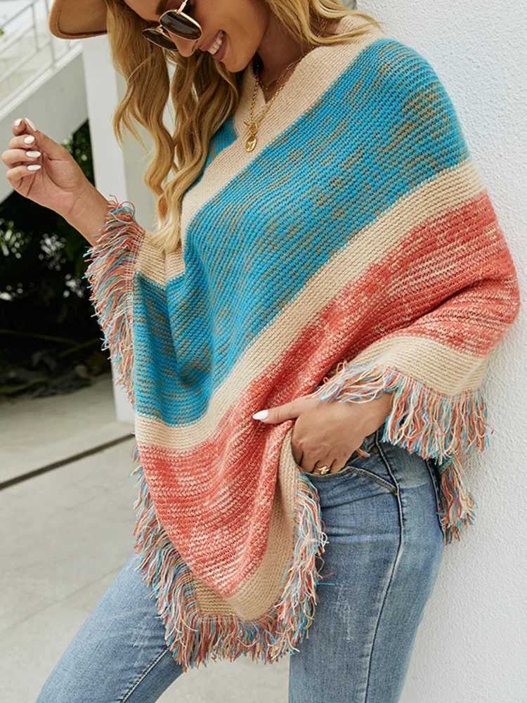 Autumn and Winter Batwing Sleeve Rainbow Stripe Raincoat Womens Fashion Sweater Cloak 2023 New Lanhua Shawl Womens Tassel Corner W240921