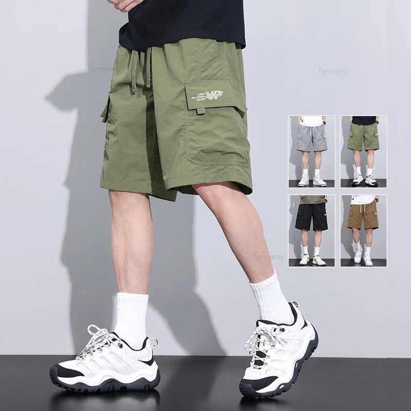 Summer Ultra-thin Quick-drying Mens Shorts Elastic Waist Ice Silk Loose Large Pocket Cargo Knee-length Pants Green Black GreyX240921