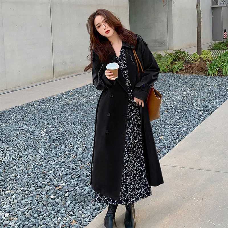 Streetwear Loose Trench Coat Midi Length Fashion Korean Elegant Khaki Black Womens Windbreaker Coat Casual Double Breasted TopsX240921