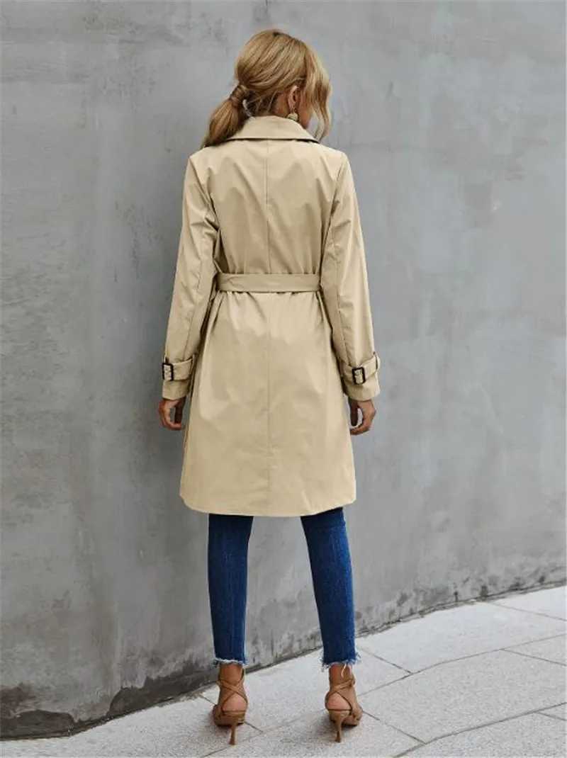 Fashion Women Trench Casual Solid Color Coat Adult Elagant Fashion Long Sleeve Lapel Neck Double Breasted Belted Coat For FemaleX240921