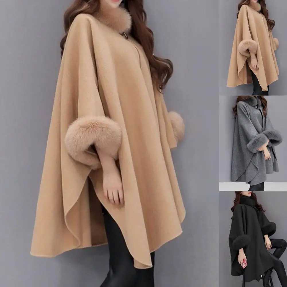 Womens Cape Town coat solid color faux fur collar autumn warm loose medium length raincoat jacket suitable for daily wear Bohemian shawl W240921