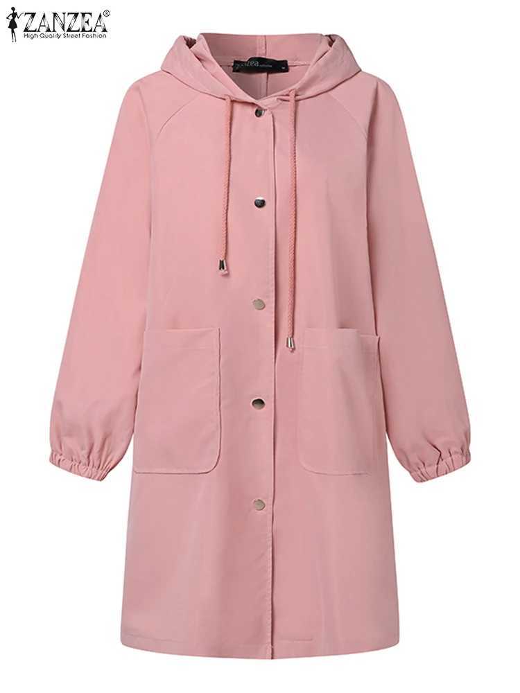 ZANZEA Fashion Women Windbreaker Spring Long Sleeve Hoodies Long Jackets Casual Loose Hooded Coats Holiday Buttons Down OutwearX240921