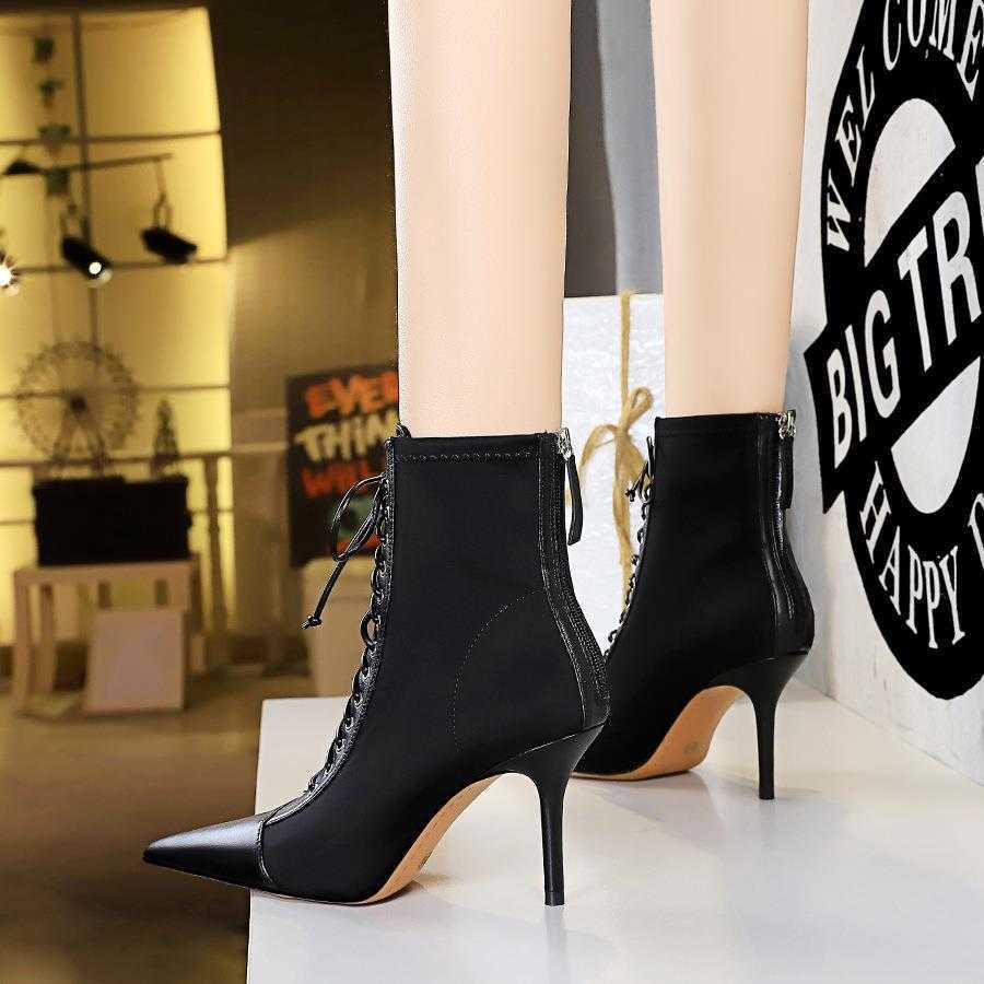 CMM Korean Fashion Sexy Slim Womens Boots Thin Heels High Heels Shallow Mouth Lace Up Cross Short Boots