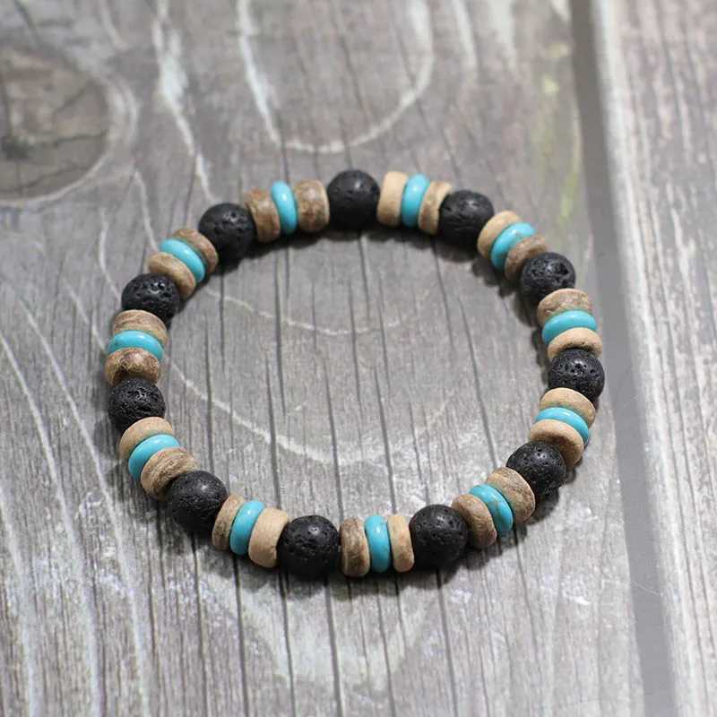 Vintage Wood Beaded Bracelet Mens Natural Lava Obsidian Stone Braslet Yoga Meditation Prayer Jewelry Tiger Eye Braclet HommeX240921