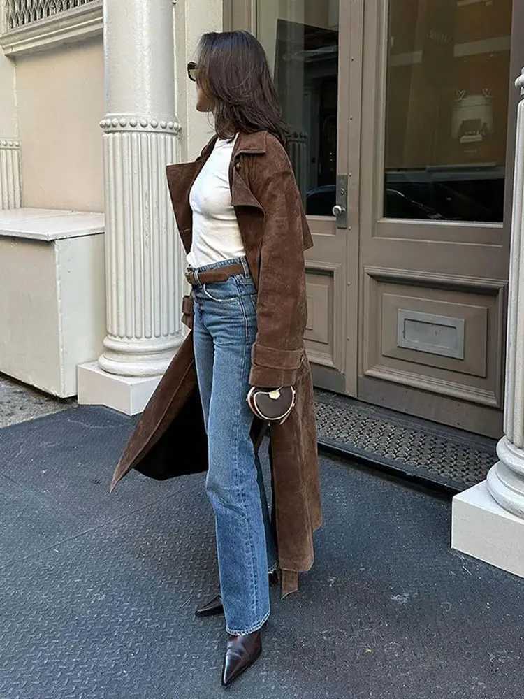 Womens Brown Collar Long Coat with Belt 2024 Autumn Retro Full Sleeve Oversized Coat Womens High Street Coat Trench W240921