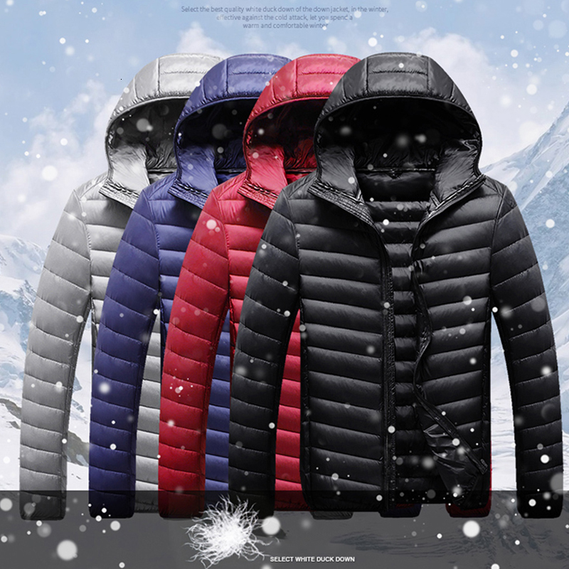 New Men All-Season Ultra Lightweight Packable Coat Mens Water And Wind-Resistant Solid Hooded Duck Down Jacket Male