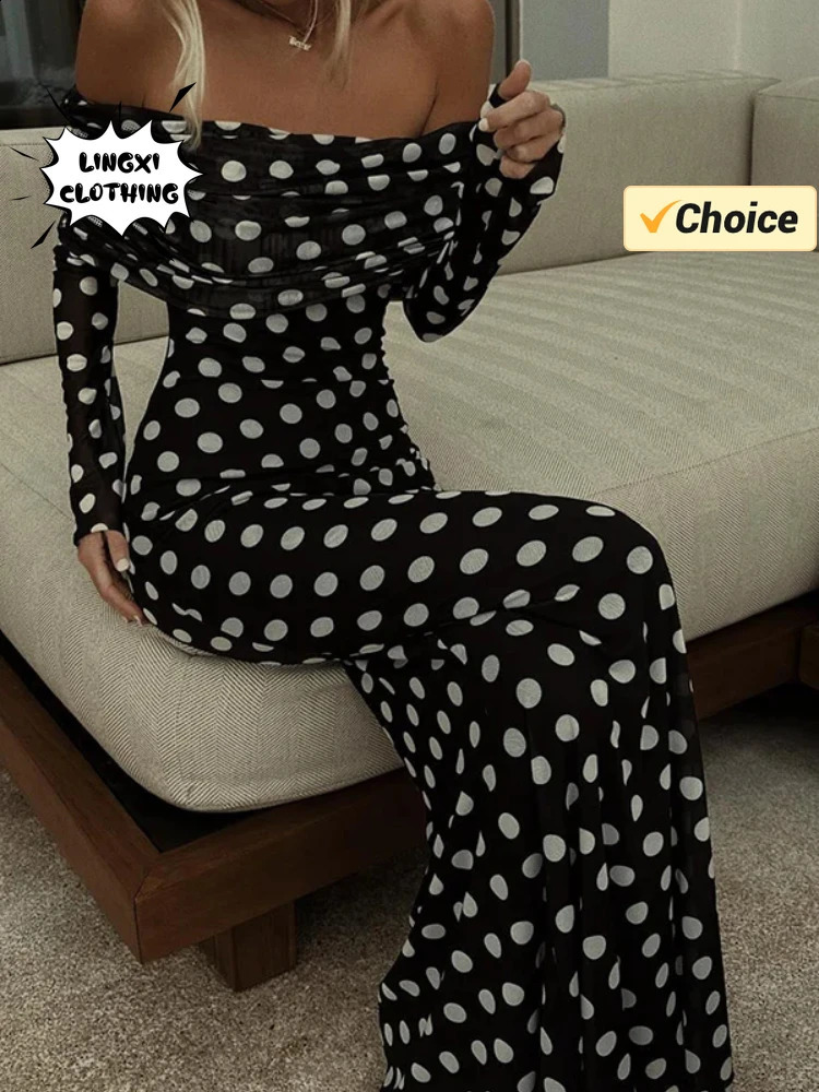 Summer Fashion Vacation Style Fashion Party Womens Long Elegant Single Shoulder Wave Point Slimming Sexy Long Dress 240921