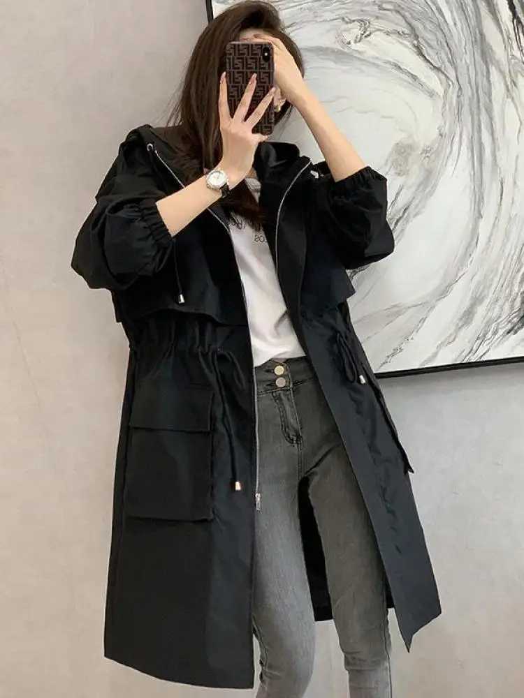 Solid Classic Hooded Long Trench Coat For Women Autumn Oversized Casual Drawstring Bandage Windbreaker Loose Zip Up Jackets ChicX240921