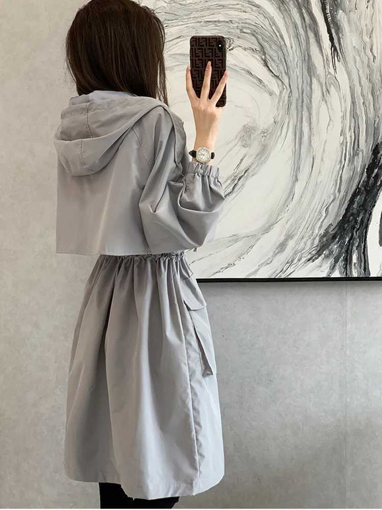 New 2021 Spring Autumn Long Trench Coat Women Loose Hooded Overcoat Female Adjustable Waist Outerwear Korean Fashion WindbreakerX240921