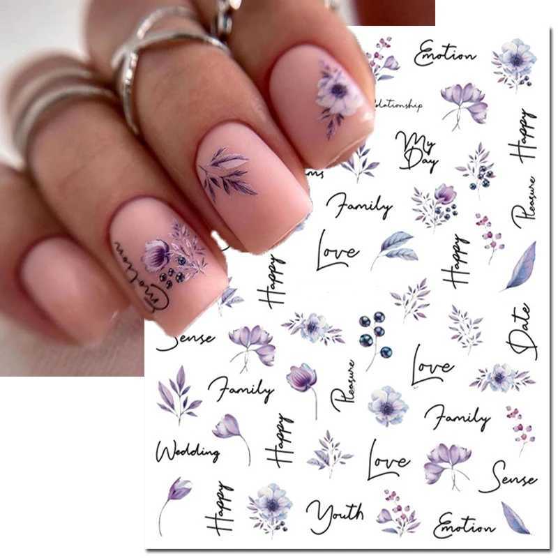 3D nail art decal Royalblue white floral watercolor flower leaf adhesive slider nail sticker W240823