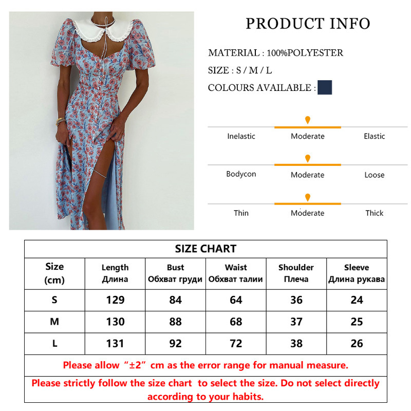 Clacive Summer Slim Print Midi Dress Lady Sexy Elegant Doll Collar Puff Sleeve Single Breasted Slit Party Dresses For Women 2023