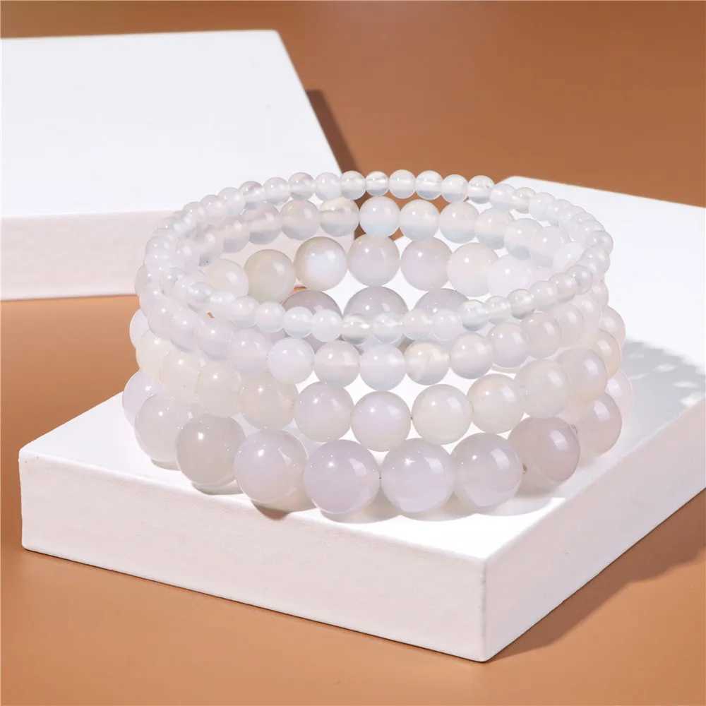 Fashion White Agates Bead Bracelets Natural Stone Beaded Bracelet 4 6 8 10mm Stonebead Bracelets for Women Men Jewelry BanglesX240921