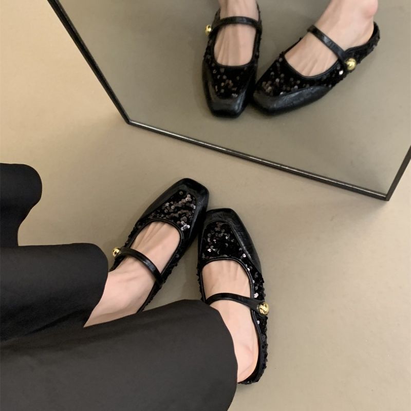 Casual Shoes for Women - Soft Sole Flat Bottom Closed Square Toe France Gentle Style Triple Black Sier 27dc