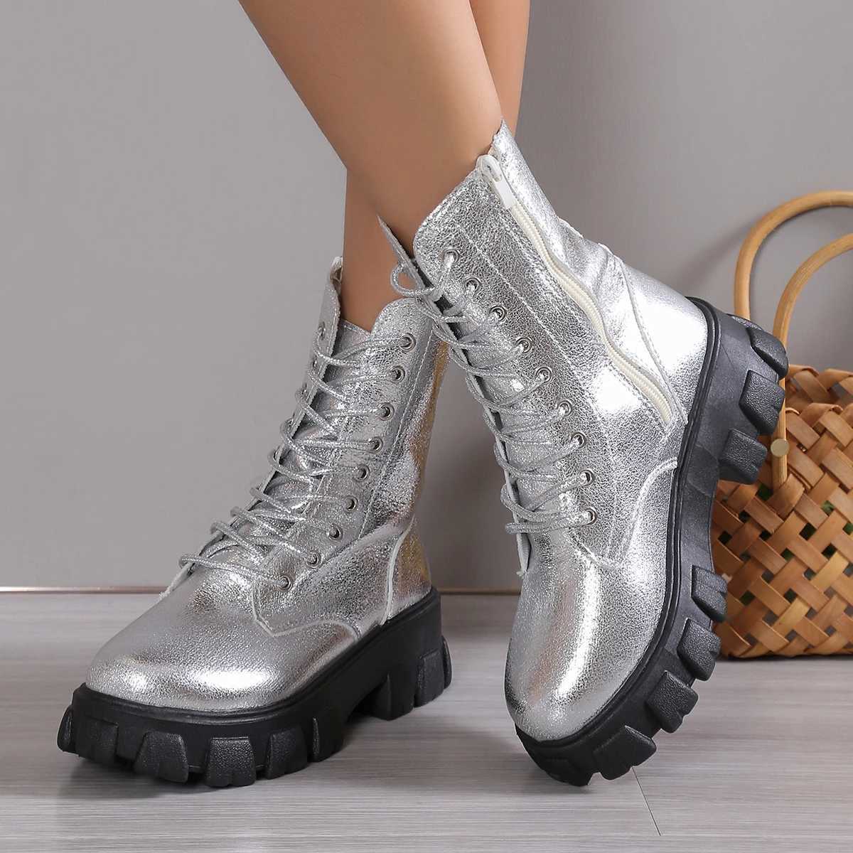 Winter Silver Crystal Thick Sole Ankle Boots Womens Thick Sole Motorcycle Boots Womens Luxury Rhinestone Punk Shoes Size 35-43 Z250303