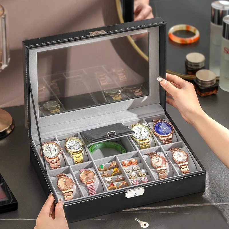 Watch Box 8 Jewelry Box Watch Display Case Organizer Jewelry Trey Storage Box Black PU Leather with Mirror and Lock 240910
