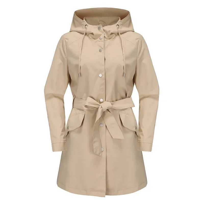 Womens Solid Color Hooded Waterproof Windbreaker Single-breasted Belt Pocket Lapel Long Jacket Coat Casual Loose TrenchX240921