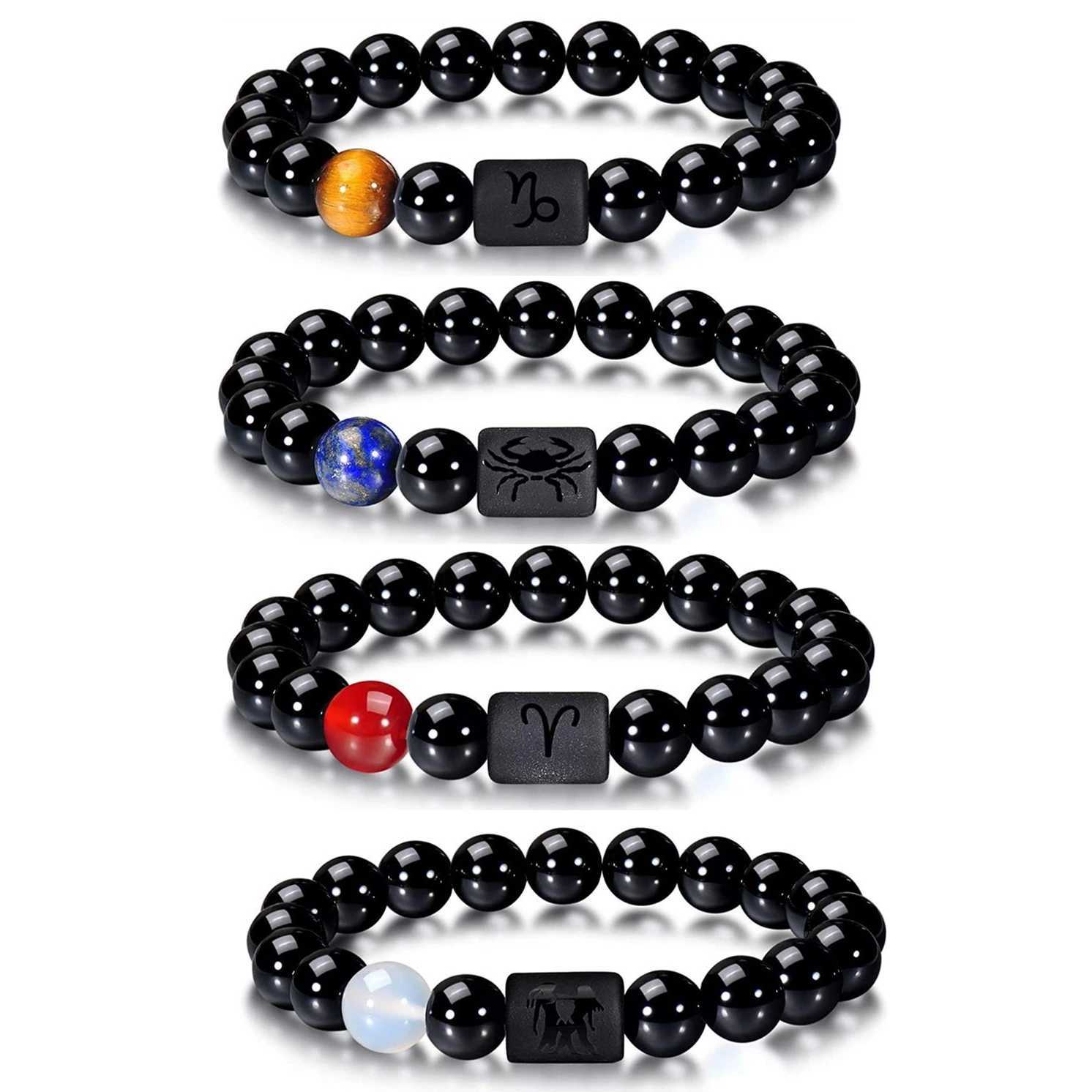 FTCY 10mm Zodiac Yellow Tiger Eye Stone Bracelet for Men Women Black Agate Crystal Elastic Cord Hand Chains Couples JewelryX240921
