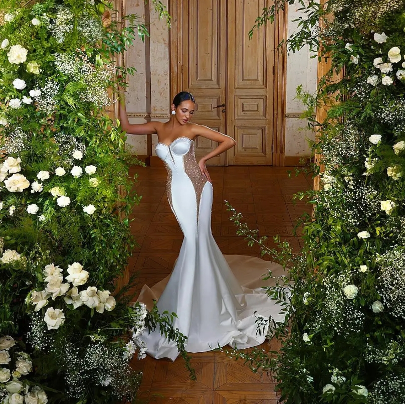 Glitter Mermaid Wedding Dresses With Cape Beaded Sweetheart Boho Bridal Dress 2025 Amazing Soft Satin Country Garden Dubai Bride Vestidos Novias Boda 