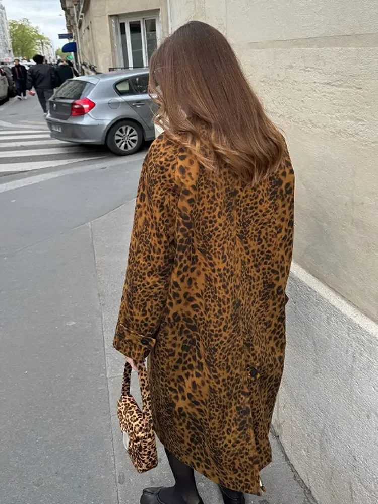 Vintage Leopard Print Single Breasted Trench Womens Coats Fashion Lapel Long Sleeves Pockets Jackets Autumn Lady Long OutwearX240921