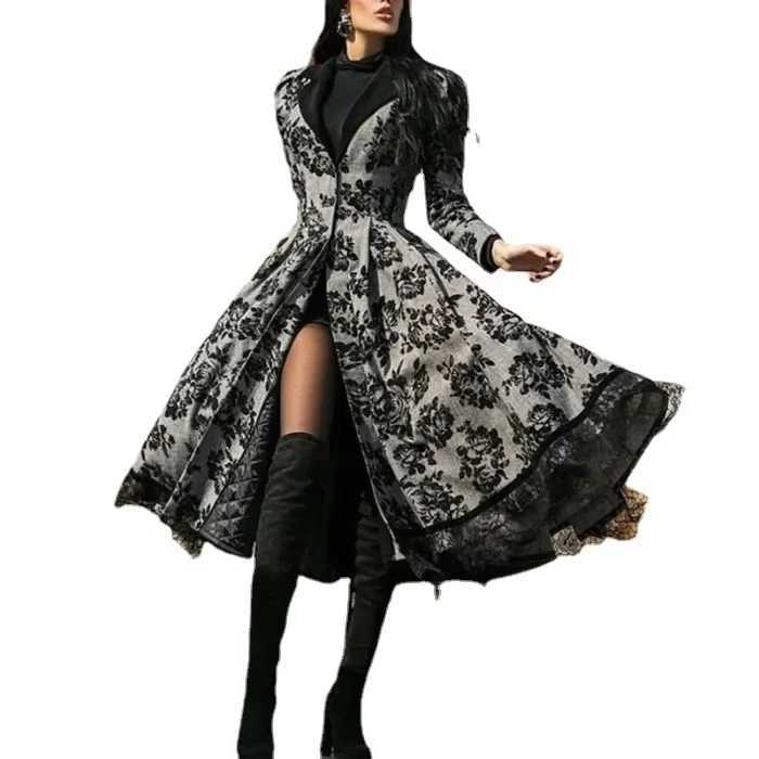 Ladies Autumn and Winter New Lace Patchwork Vintage Long V-neck Trench CoatSolid Color Print Big Swing Trench Coat for WomenX240921