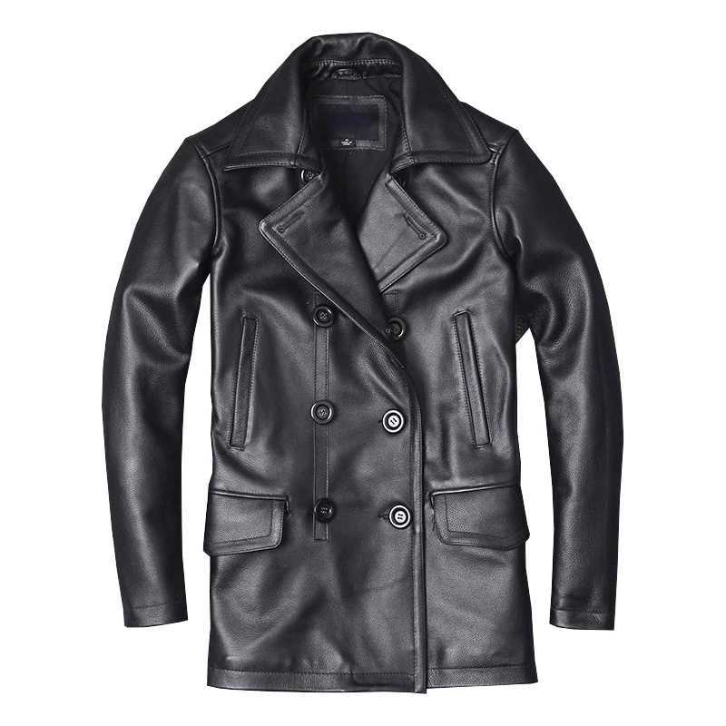 Mens leather jacket mens denim jacket autumn and winter business jacket trench style double chest tight fitting garment W240918