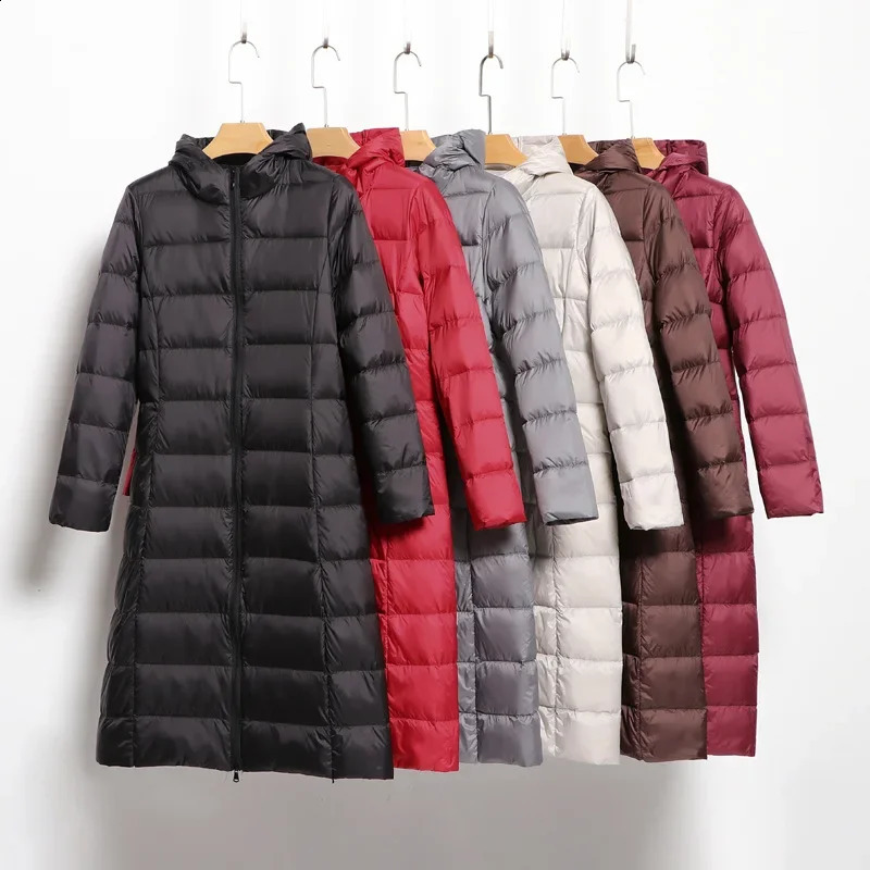 Womens Long Down Jacket Style Ultra Light Knee Fashion Slim Fit Hooded Casual Inflatable 240918