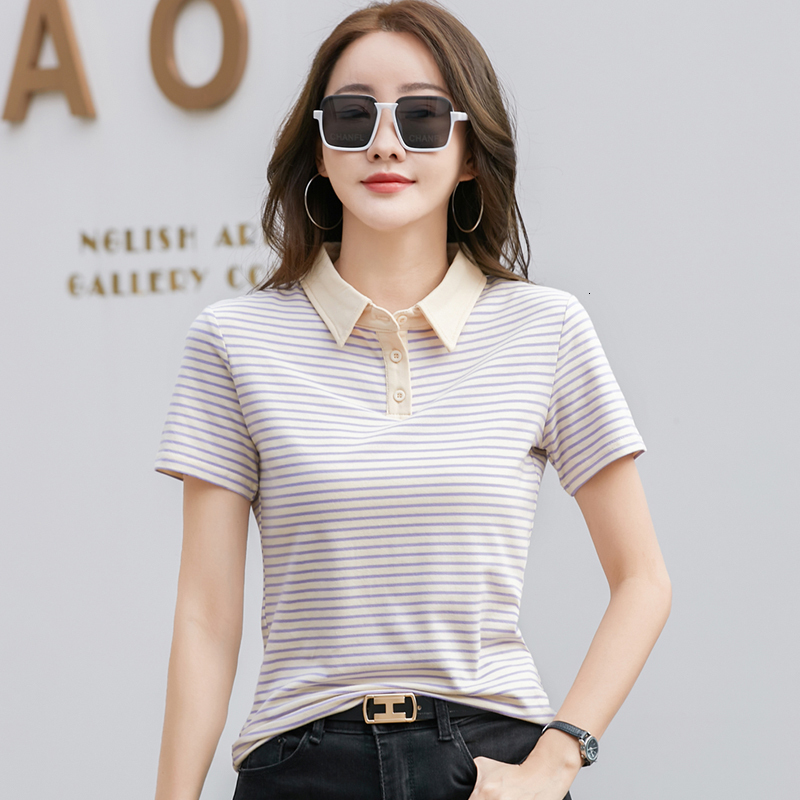 Korean style short sleeved polo shirt, cotton elastic fashionable summer top, elegant knitted striped women's T-shirt, free shipping