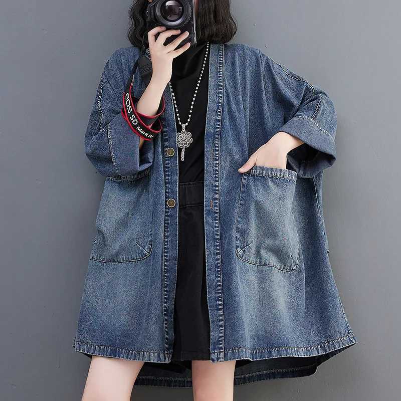 OHRYIYIE Large Size 6XL Vintage Denim Jackets Women 2023 Fashion Big Pocket Jean Jacket Female Blue Loose Oversize Trench CoatX240921