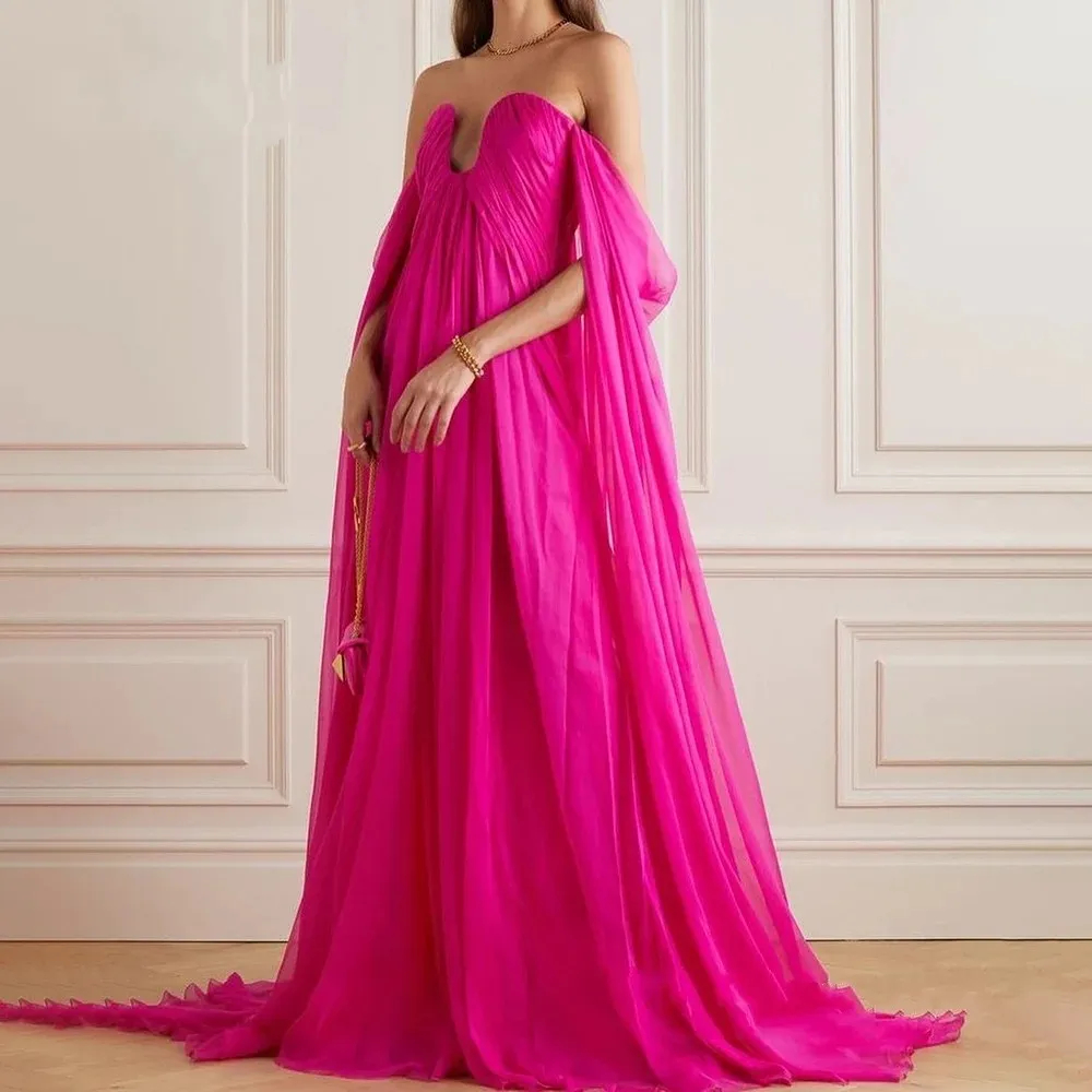 Simple Fuchsia Chiffon Long Evening Dresses Sweetheart Neckline Off Shoulder Pleats A-Line Prom Gown Elegant Formal Party Dress For Women