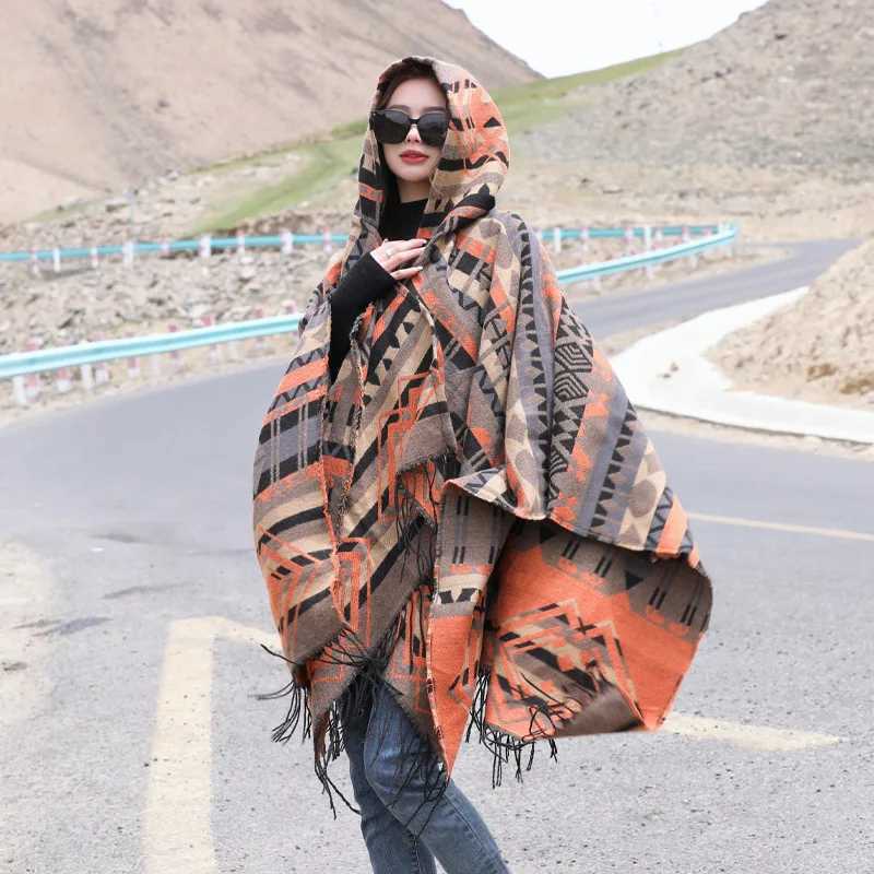 WeHello autumn and winter new shawl women imitate cashmere warm bohemian ethnic style hat cloak travel style W240921