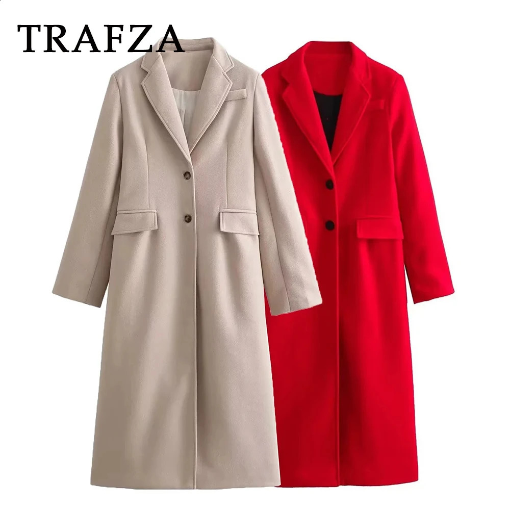 TRAFZA 2024 Autumn Winter Women Casual Long Coats Fashion Streetwear Solid Turn Down Collar Single Breasted Elegant Jackets 240919
