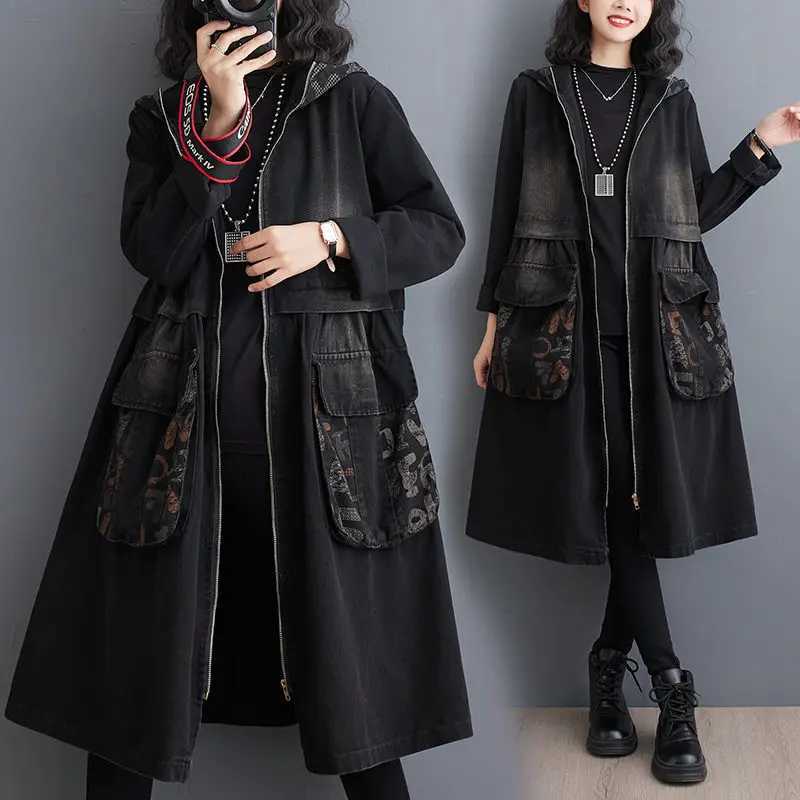 Retro Washed Oversized Denim Jacket 2024 Early Spring Casual Loose Fit Hooded Printed Spliced Jeans Coat Windbreaker Z4057X240921