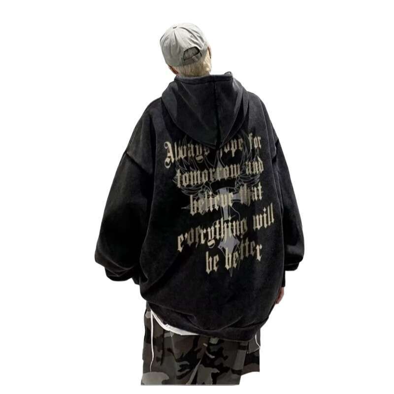 American Washed Pure Cotton Hoodie Men's Winter Trendy Brand Retro Dark Hip-Hop High Street Top Spring And Autumn Coat