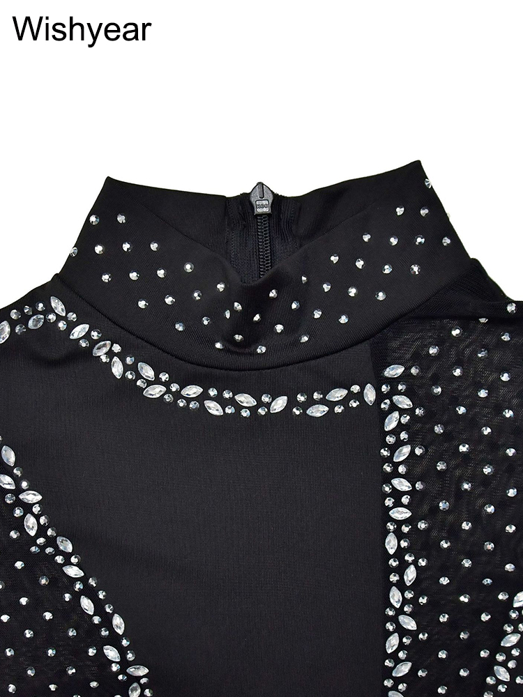 Year Rhies Sparkle Long Sleeve Skinny Mesh Black Jumpsuits Women's Birthday Sexy Night Club One Piece Rompers