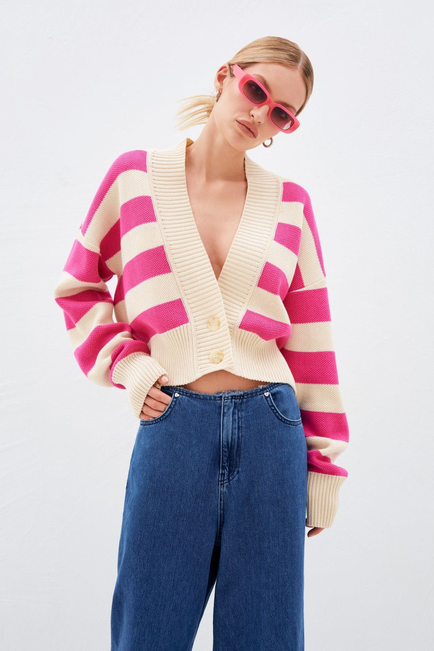 2024 autumn and winter new sweater women's clothing contrasting color loose and sexy knitted cardigan jacket casual top