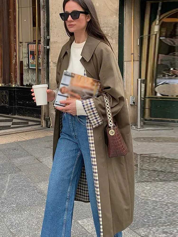 Elegant Plaid Lapel Long Windbreaker Women Fashion Single Breasted Full Sleeve Solid Coat 2024 Autumn Lady High Street OutwearX240921