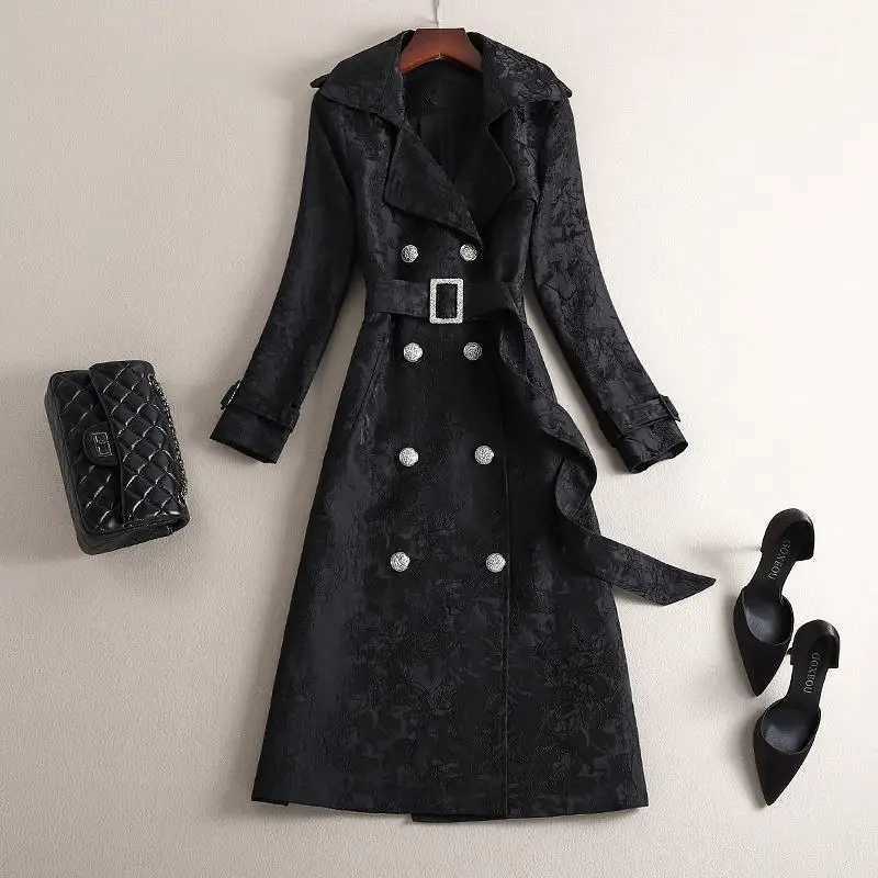 Long Windbreaker 2022 Spring New Lapel Fashion White Black Jacquard Lace-Up Trench Coat WomenX240921