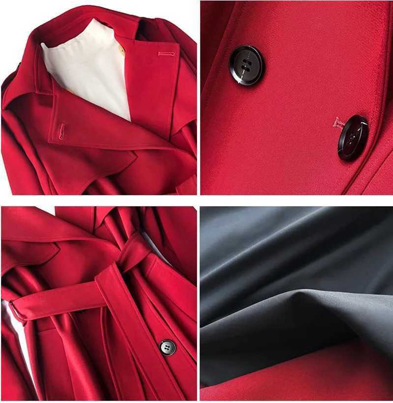 Autumn Korean Women Red Trench Coat With Sashes Elegant Double Breasted Long Sleeve Lapel Mid-length Windbreaker Female 2024 NewX240921