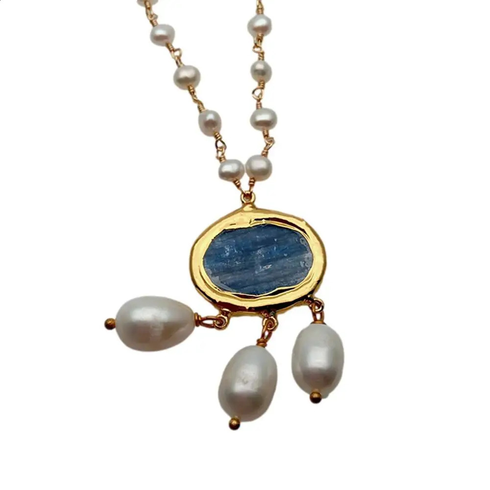 YYGEM Natural Cultured White freshwater Pearl Rosary Chain Necklace Blue Kyanite Rice Pearl Pendant 18 240910
