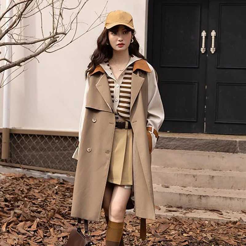 Mid-length Khaki Trench Coat With Belt Contrast Color Splicing Lapel Long Sleeve Casual Double-breasted Spring Women WindbreakerX240921