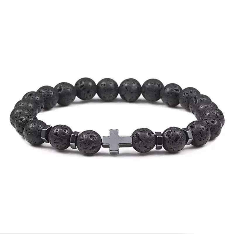 Kirykle 8mm Natural Volcanic Rock Tiger Stone White Pine Black Gallstone Cross Beaded Mens and Womens Bracelet Yoga JewelryX240921