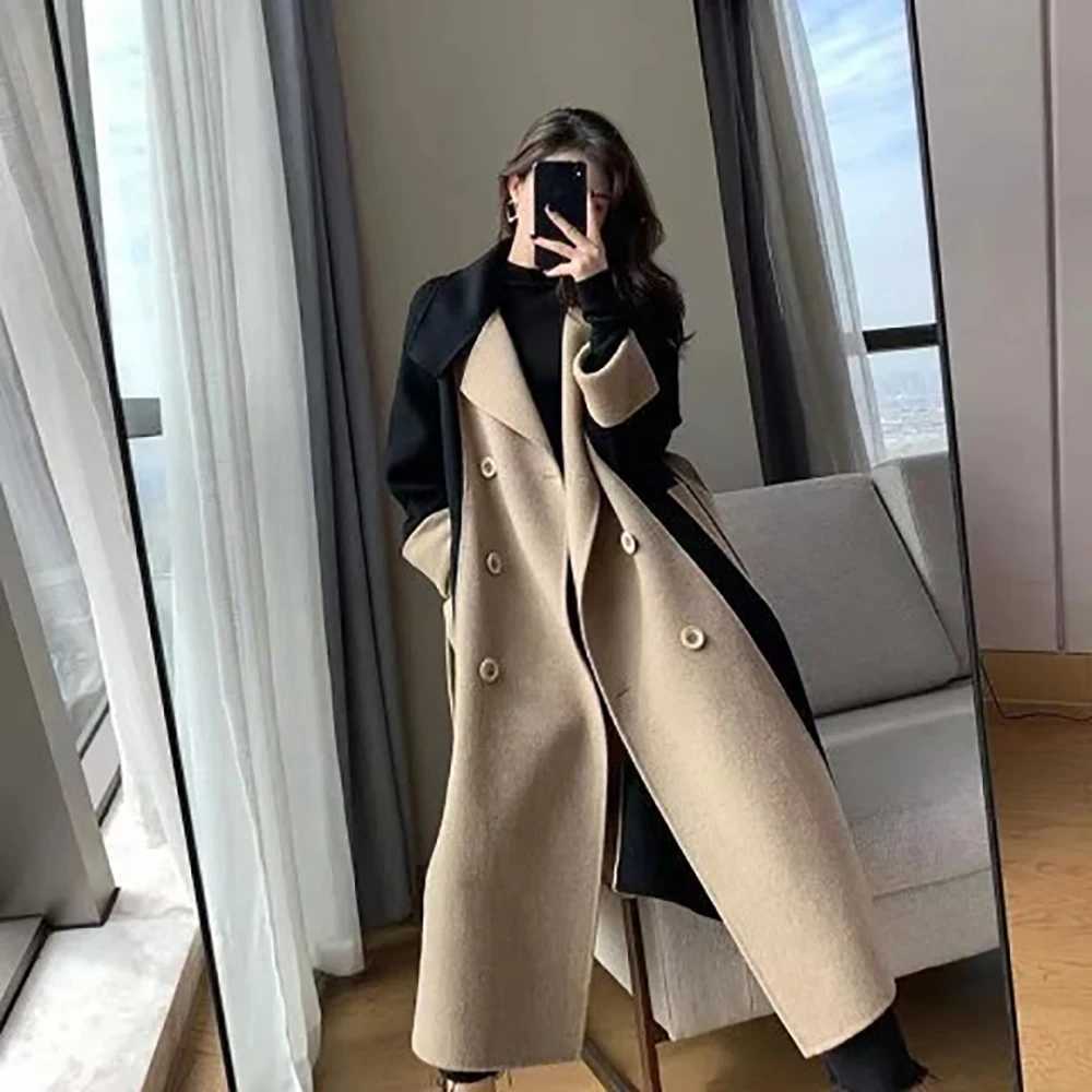 Womens Woolen Long Overcoat With Belt Spring Autumn New Double Sided Fleece Wool Color Matching Style Slim Splicing CoatX240921