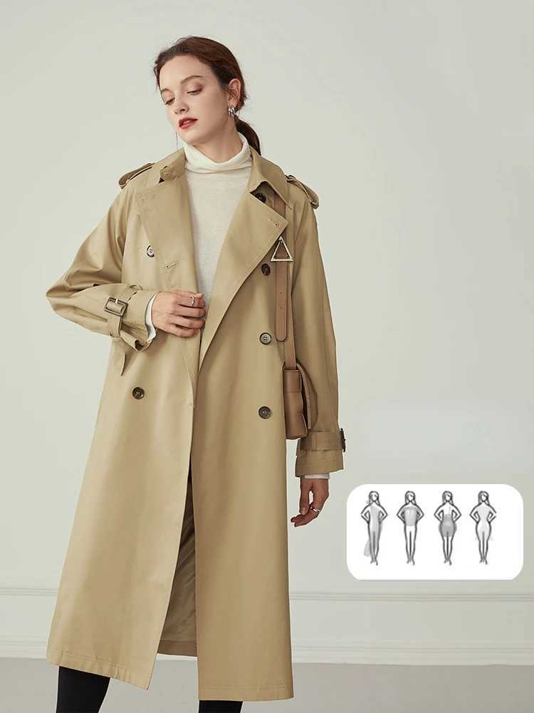 FSLE 100% Cotton Khaki Long Women Trench Coat Autumn Winter Turn Down Collar Women Clothes Causal Full Sleeve Belt TrenchX240921