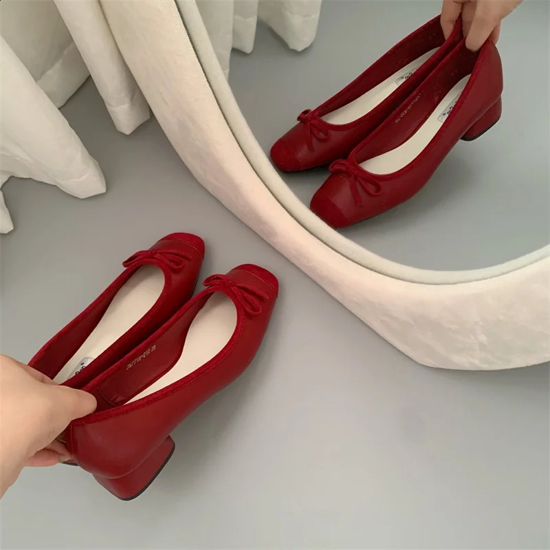 Fashion Elegant Red Ballerinas Women Pumps Slip on Loafers Round Toe Square Heels Bowknot Casual Spring Autumn Low Heel Shoes 240921