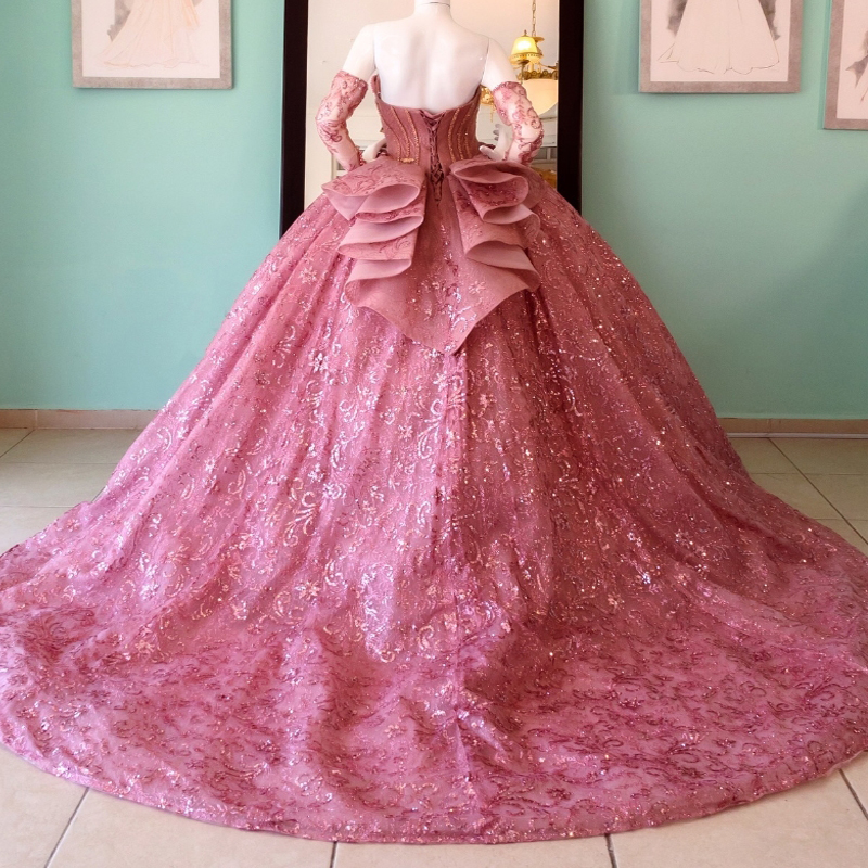 Pink Shiny Princess Quinceanera Dresses Off the Shoulder Ball Gown Sweet 16 Dress Sequin Appliques Lace Beads Vestidos De 15 Anos