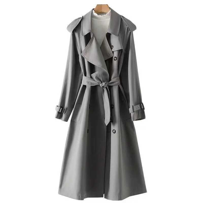 Spring Autumn Casual Mid-length Trench Coat 2024 Women With Sashes Double-breasted Lapel Female Windbreaker Gray OuterwearX240921